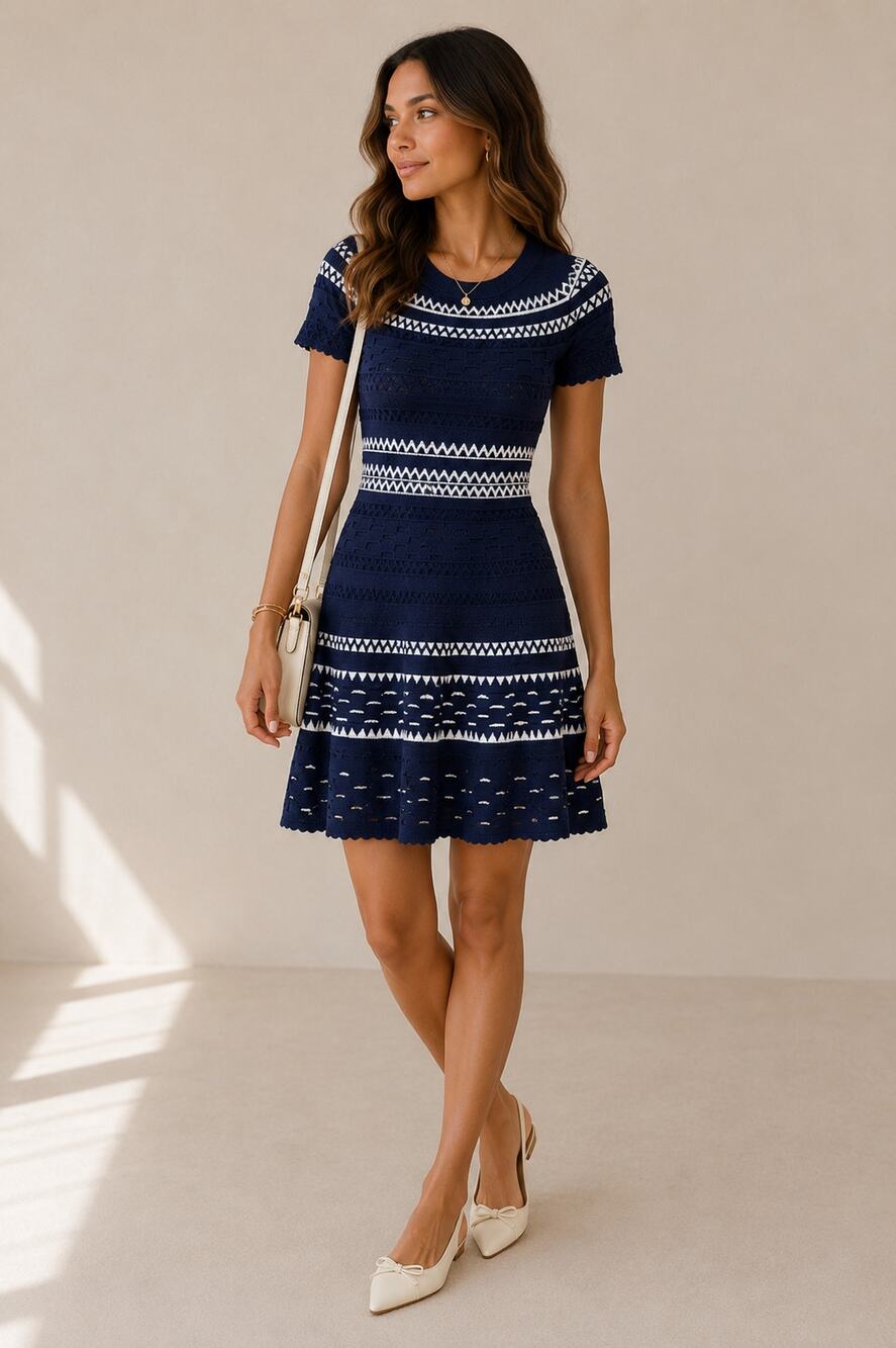 Shoshanna Blue White Knit Eyelet Fit & Flare Mini Dress Womens M Preppy Twee